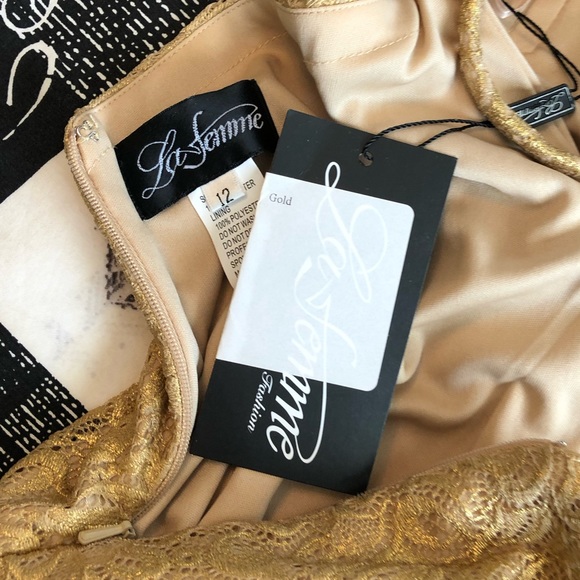 NEW LA FEMME SZ 12 GOLD LACE ILLUSION FORMAL EVENING GOWN - Picture 14 of 16